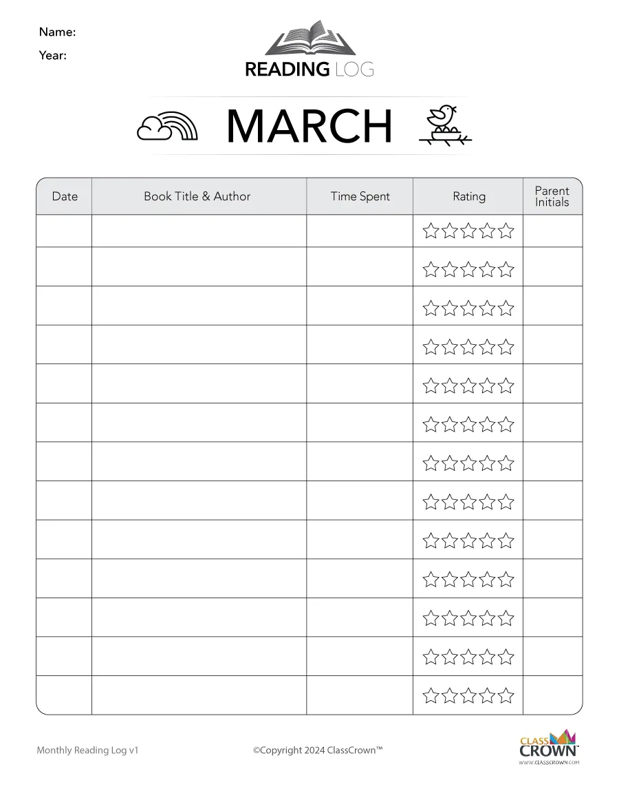 reading log: march - free reading charts | classcrown